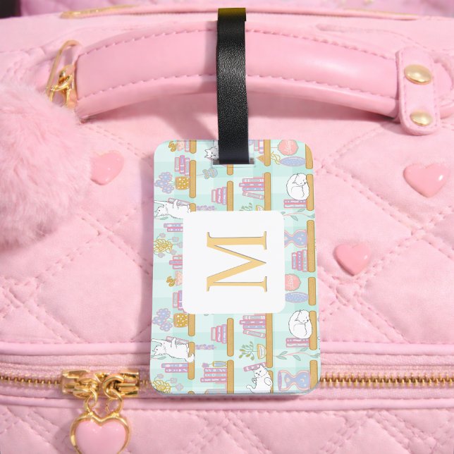 Etiqueta De Bagagem Personalized Letter Cats Library Book Girl Green (Criador carregado)