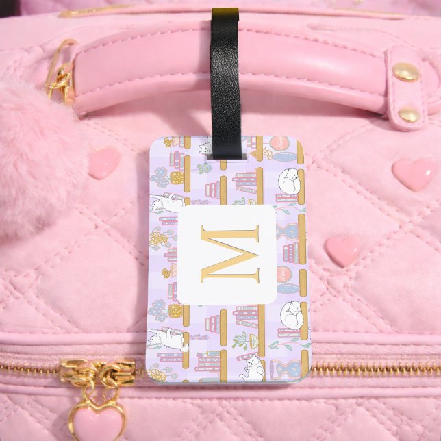 Etiqueta De Bagagem Personalized Letter Cats Library Book Girl Purple (Criador carregado)