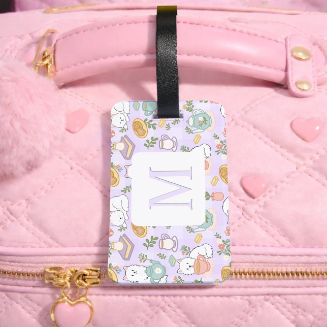 Etiqueta De Bagagem Personalized Letter Tea & Bookish Cat Girl Purple (Criador carregado)