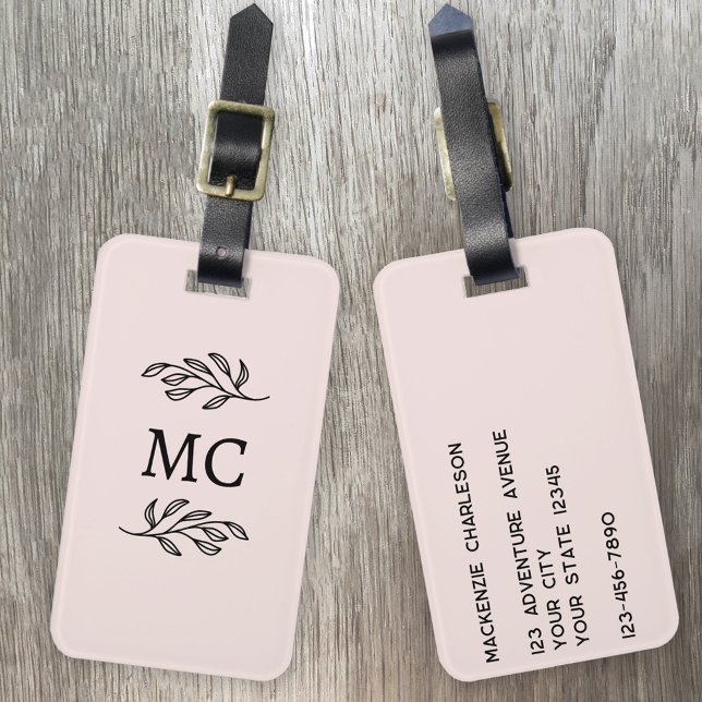 Etiqueta De Bagagem Personalized Monogram Initials Botanical Blush (Modern monogarm initial name personalized botanical leaf line art minimalist blush pink luggage tag)