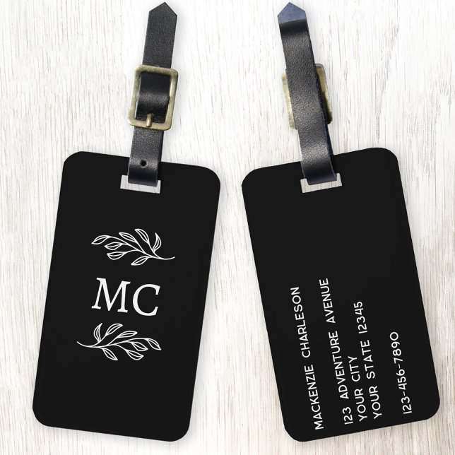 Etiqueta De Bagagem Personalized Monogram Initials Botanical Leaf (Personalized monogram initial botanical leaf art minimalist black and white luggage tag)