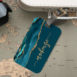 Etiqueta De Bagagem Personalized Signature Teal Blue Gold Agate
