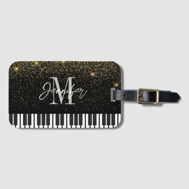 Etiqueta De Bagagem Piano Glitter Dourado Monograma Nome Personalizado (Frente Horizontal)