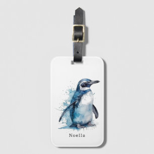 Etiqueta De Bagagem Pinguim Aquarela Azul Ártico, personalizado