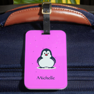 Etiqueta De Bagagem Pinguim fofo de nome personalizado a rosa