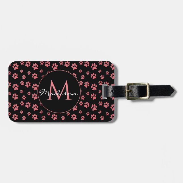 Etiqueta De Bagagem Pink Cat Paws Cute Pattern Monogram (Frente Horizontal)