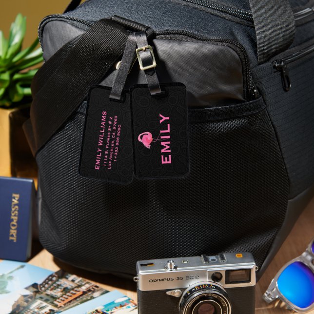 Etiqueta De Bagagem Pink Flamingo Custom text Black Paisley (Frente e verso)