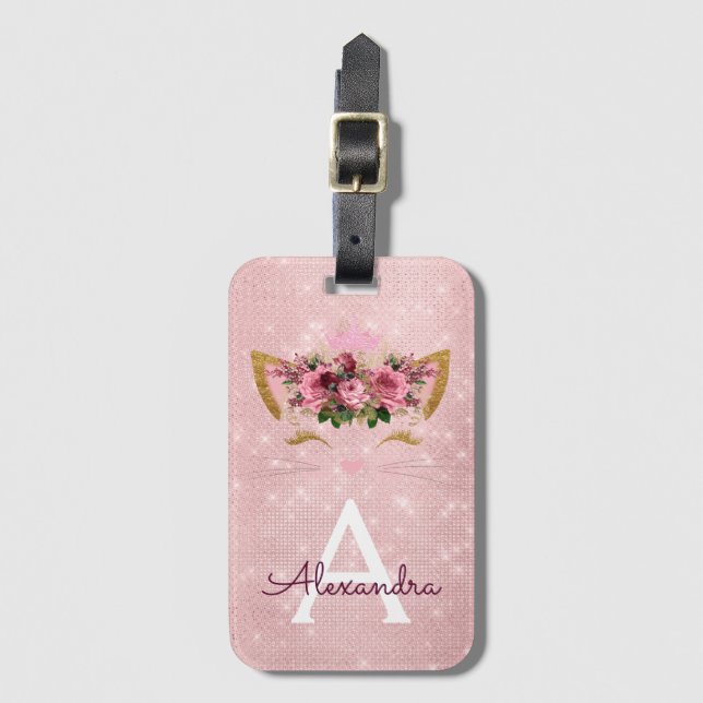 Etiqueta De Bagagem Pink Kitty Brilho Princesa Monograma Nome (Frente Vertical)