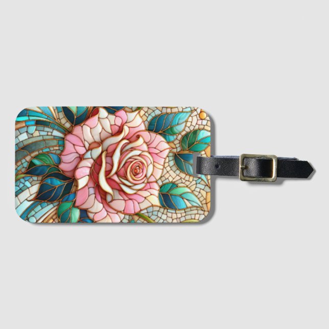 Etiqueta De Bagagem Pink Roses Stained Glass Mosaic (Frente Horizontal)