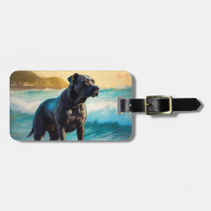 Etiqueta De Bagagem Pintura de Cane Corso na Praia Surfando