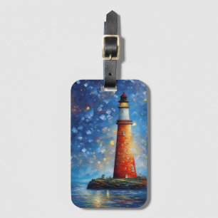 Etiqueta De Bagagem Pintura do pôr do sol no oceano do farol
