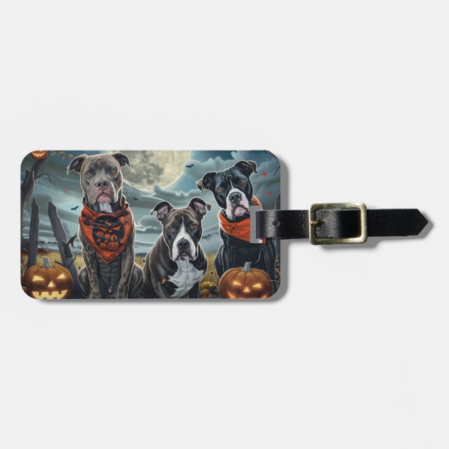 Etiqueta De Bagagem Pitbull Halloween Spooky (Frente Horizontal)