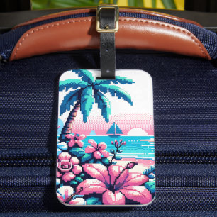 Etiqueta De Bagagem Pixel Art Ocean Pink and Blue Tropical Art