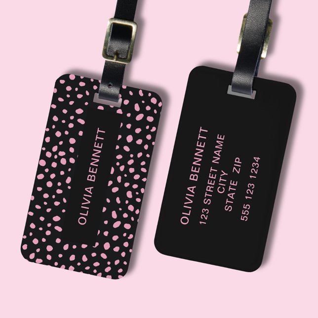 Etiqueta De Bagagem Pontos Modernos - Rosa Preto (Modern & stylish luggage tag perfect travel accessories  Black with scattered pink dots. Customize!)