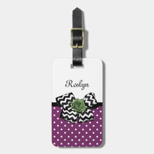 Etiqueta De Bagagem Pontos Roxos Fofo Rosa Verde Chevron com Nome