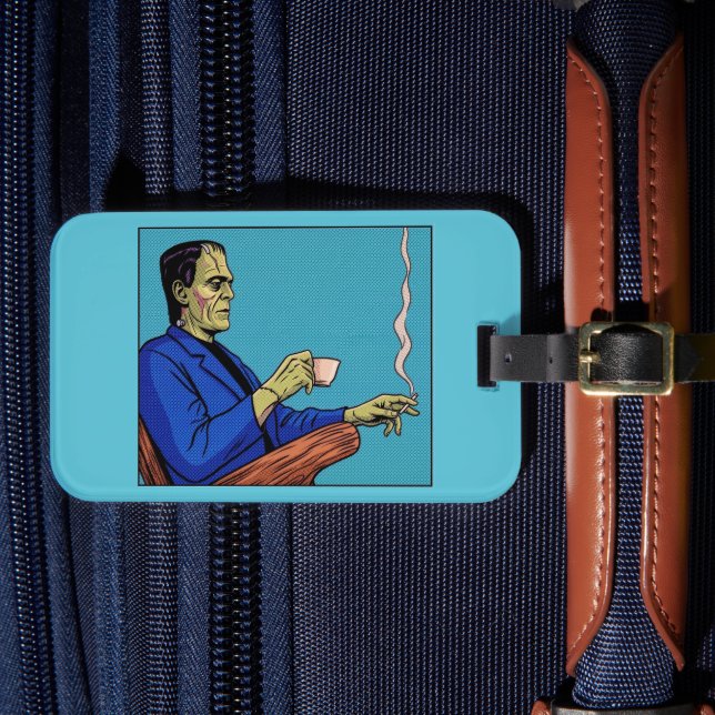 Etiqueta De Bagagem Pop Art Frankenstein Monster Drinking Tea Halftone (Frente Insitu 4)