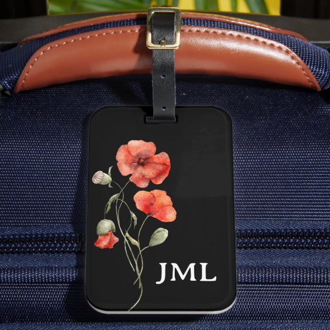 Etiqueta De Bagagem Poppies de Aquarela no Monograma Preto (Frente Insitu 2)