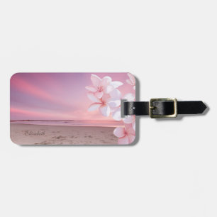 Etiqueta De Bagagem Pôr do sol na praia tropical havaiana Plumeria.