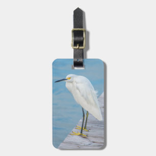 Etiqueta De Bagagem Praia de New Smyrna, Garça-branca-pequena no cais