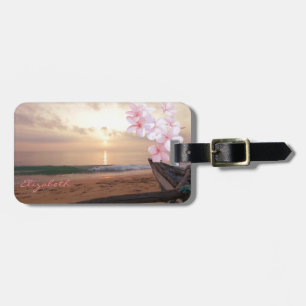 Etiqueta De Bagagem Praia Moderna, Pôr do Sol, Plumeria