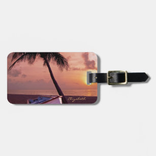 Etiqueta De Bagagem Praia Tropical, Palmeira, Pôr do Sol, Barco - Pers