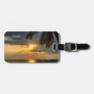 Etiqueta De Bagagem Praia Tropical, Palmeira, Pôr do Sol - Personaliza
