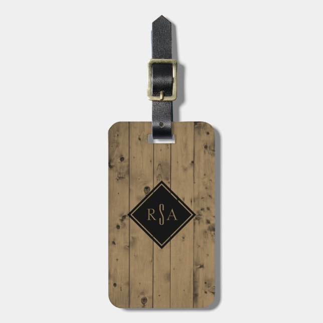 Etiqueta De Bagagem Prancha de madeira rústica Monogrammed masculino (Frente Vertical)