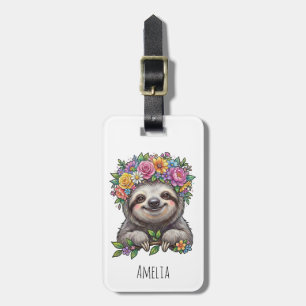 Etiqueta De Bagagem Preguiça Floral Fofa Personalizada com Coroa de Fl