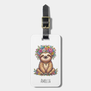 Etiqueta De Bagagem Preguiça Floral Fofa Personalizada com Coroa de Fl