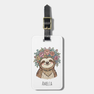 Etiqueta De Bagagem Preguiça Floral Fofa Personalizada com Coroa de Fl