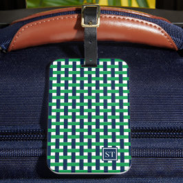 Etiqueta De Bagagem Preppy Basket Weave – Navy & Green Monogram