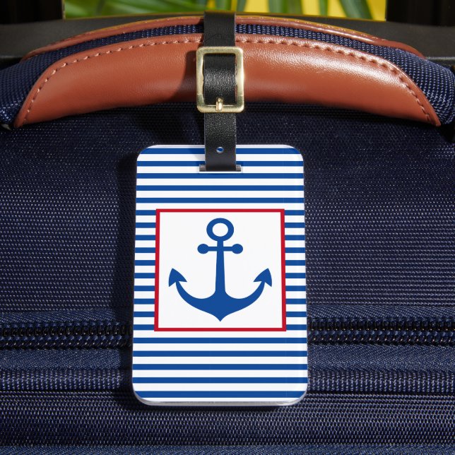 Etiqueta De Bagagem Preppy Nautical Stripes and Anchor Personalized (Frente Insitu 2)