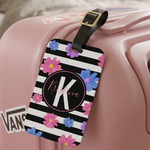Etiqueta De Bagagem Preppy Preto Branco Listrado Rosa Azul Floral