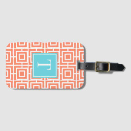 Etiqueta De Bagagem Preppy Square Lattice Monogram - Coral & Turquoise