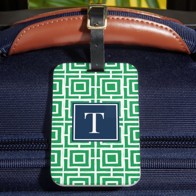 Etiqueta De Bagagem Preppy Square Lattice Monogram - Green & Navy (Frente Insitu 2)