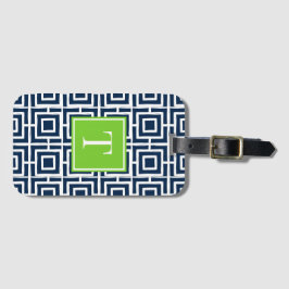 Etiqueta De Bagagem Preppy Square Lattice Monogram – Navy & Lime