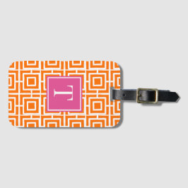 Etiqueta De Bagagem Preppy Square Lattice Monogram Orange & Hot Pink