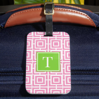 Etiqueta De Bagagem Preppy Square Lattice Monogram – Pink & Lime