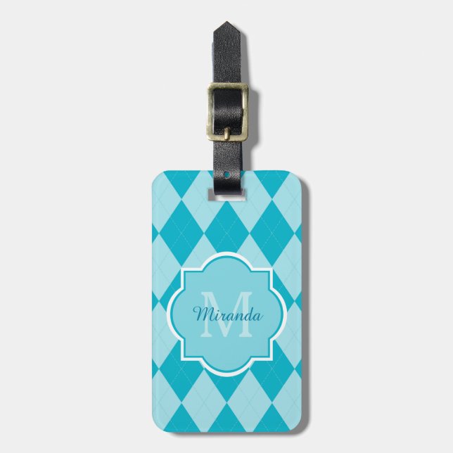 Etiqueta De Bagagem Preppy Turquoise Argyle Girly Monograma e Nome (Frente Vertical)