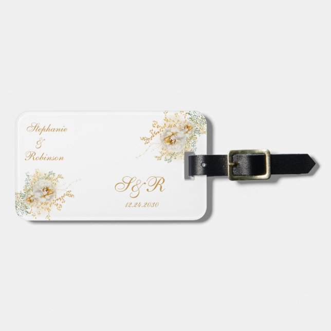 Etiqueta De Bagagem Presente de Casamento Floral Dourado Monograma (Frente Horizontal)