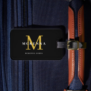 Etiqueta De Bagagem Preto e Dourado Moderno Monograma Monogramado Eleg