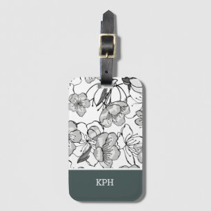 Etiqueta De Bagagem Preto Floral, Branco e Verde com Monograma