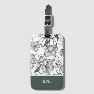 Etiqueta De Bagagem Preto Floral, Branco e Verde com Monograma