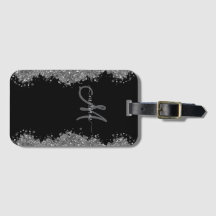 Preto Glitter Prata Falso Monograma Cinza Moderno
