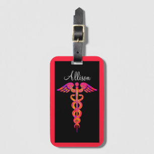 Etiqueta De Bagagem Preto médico personalizado do Caduceus colorido d