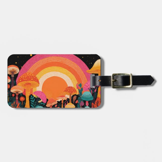 Etiqueta De Bagagem Psychedelic Mushroom Sunset – Retro Fantasy Nature (Frente Horizontal)