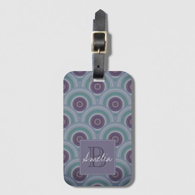 Etiqueta De Bagagem Purple and Green Retro Circles Pattern Monogram (Frente Vertical)