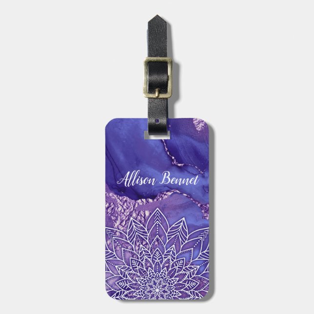 Etiqueta De Bagagem Púrpura Branca Personalizada Mandala (Frente Vertical)
