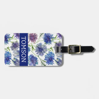 Etiqueta De Bagagem púrpura, flores azuis, aquarela