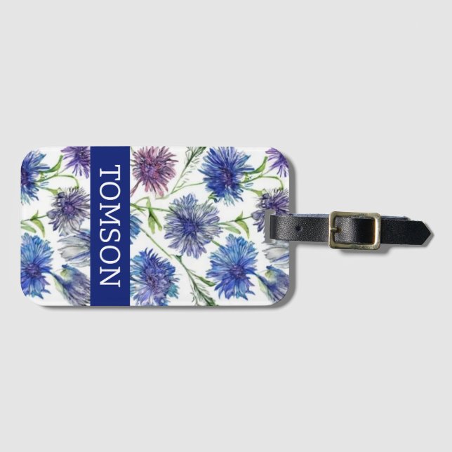 Etiqueta De Bagagem púrpura, flores azuis, aquarela (Frente Horizontal)